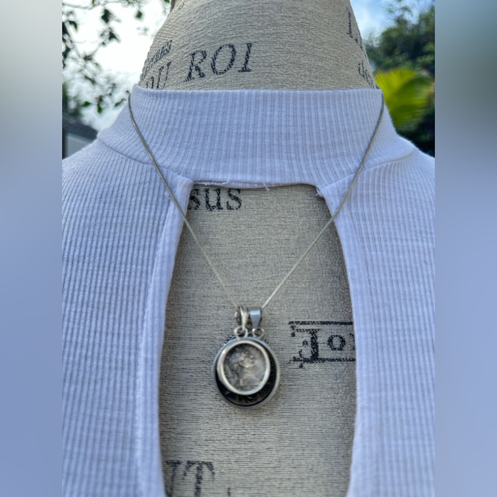 Genuine “Tribute Penny” Biblical Coin in Silver Coin Medallion Pendant